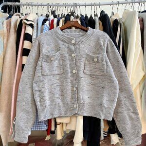 Gray Knit Cardigan Button Front Patch Pockets